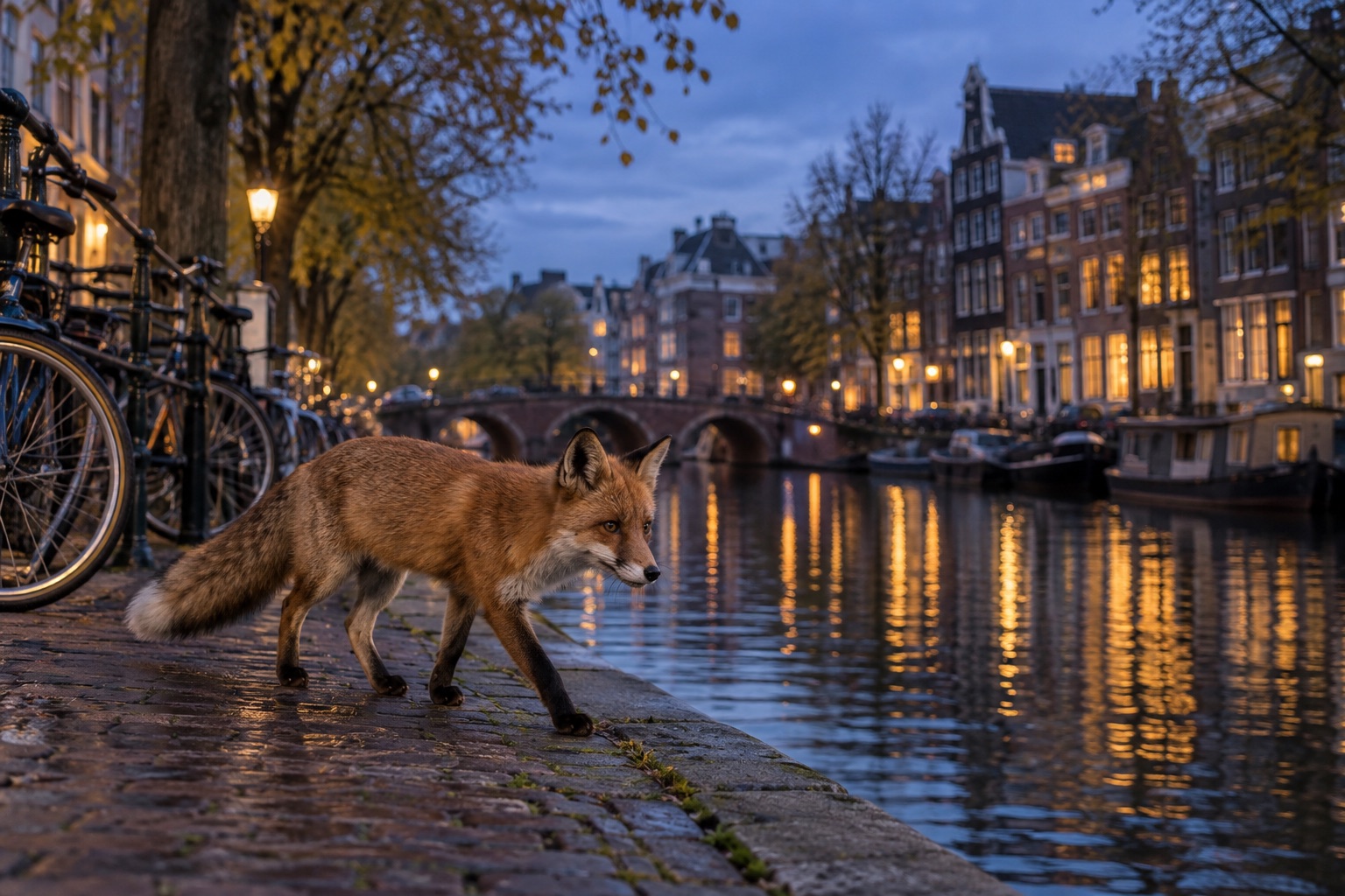 Illustratie van een rode vos bij een Amsterdamse gracht in de avond