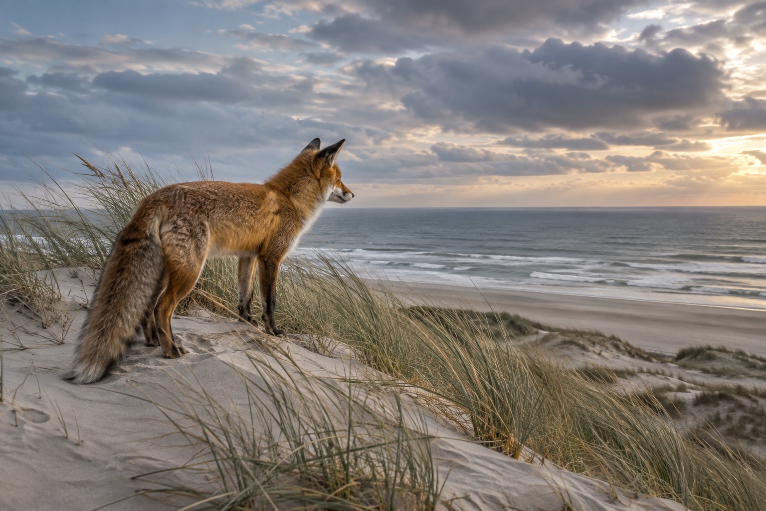 Illustratie van een rode vos in de duinen aan zee