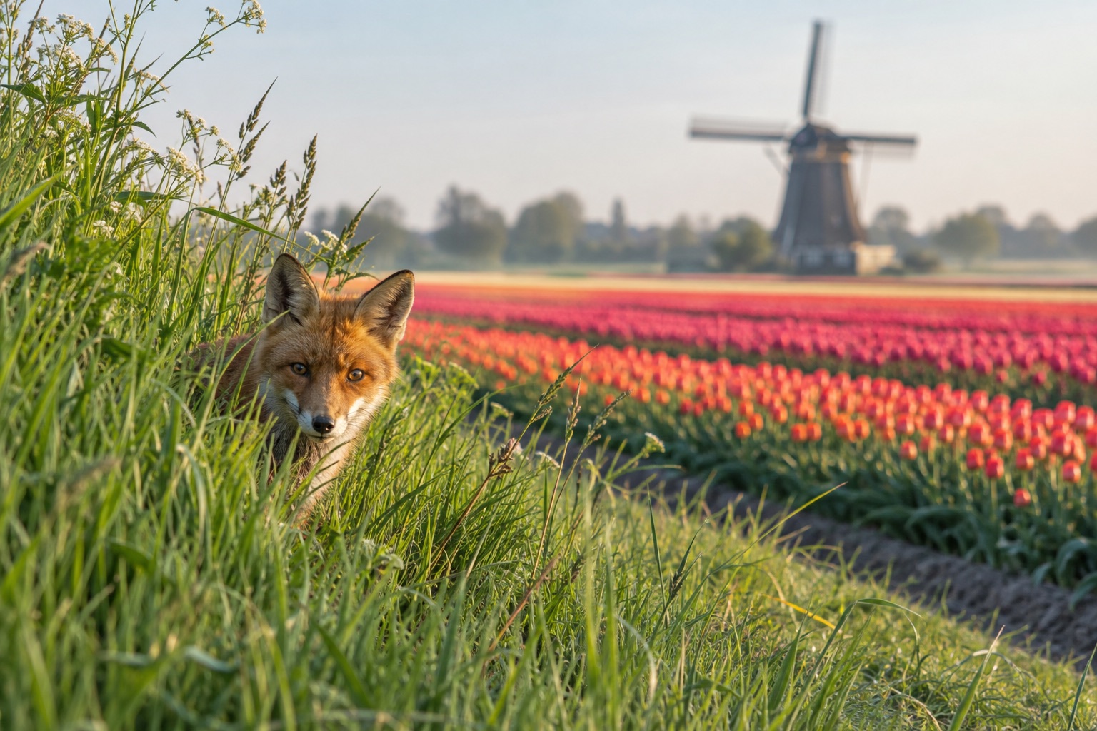 Illustratie van een rode vos bij een veld met tulpen